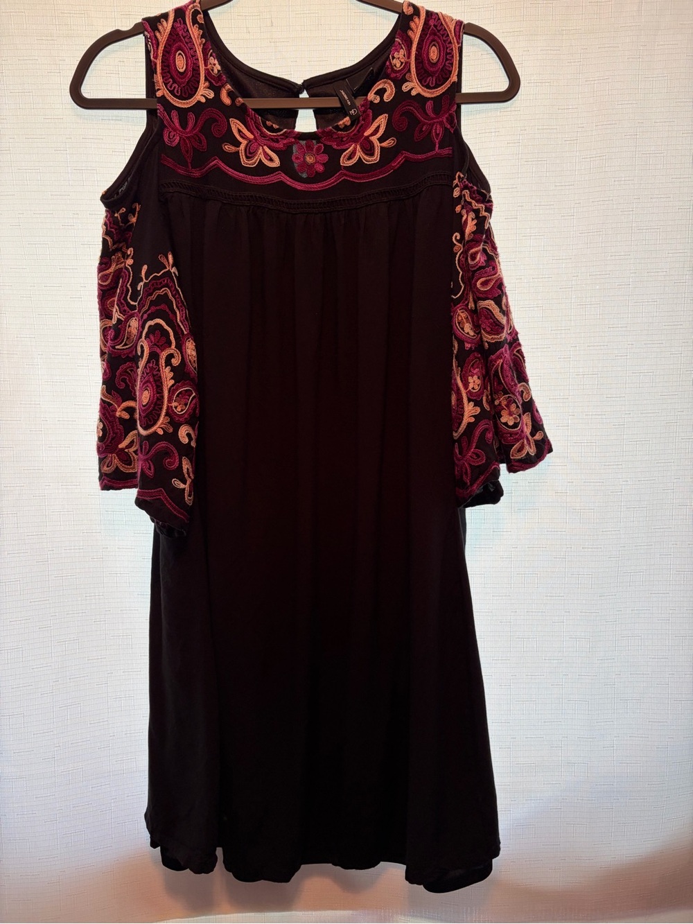 new directions Black Cold-Shoulder Dress with Pink Embroidered Accents